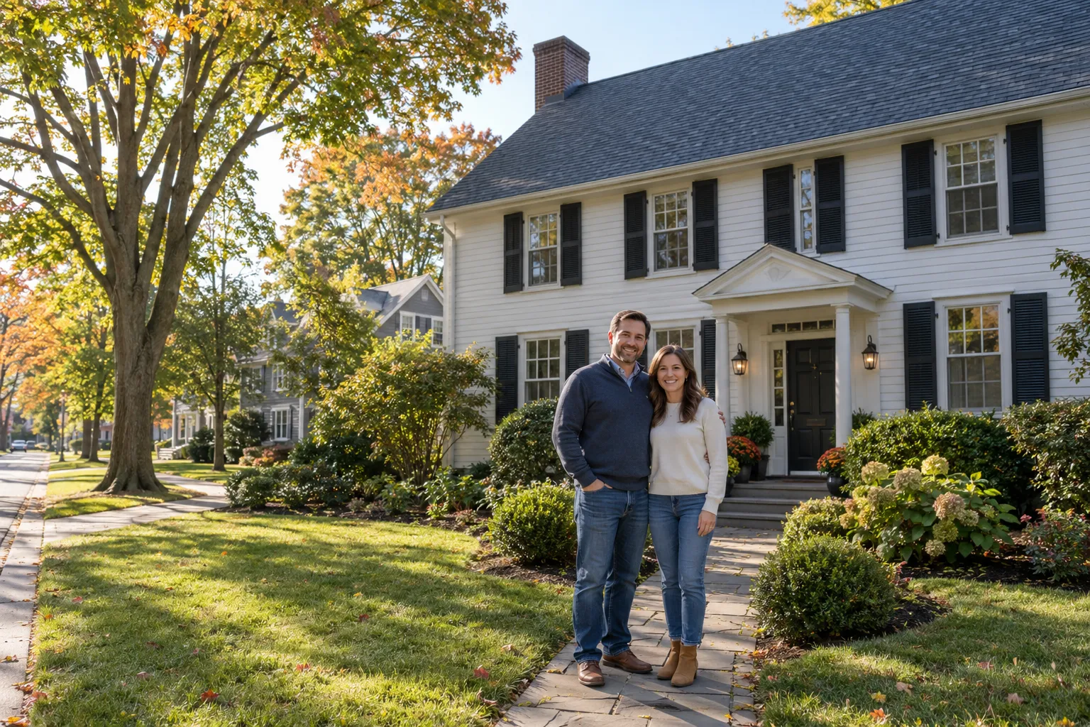 A colonial home in Manassas with a freshly installed shingle roof under soft morning light